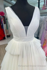 White V-Neck Pleated Layered Long Semi Formal Prom Dress